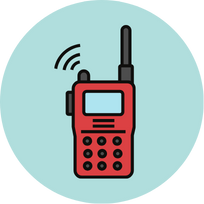 A red hand held radio with radio waves being emitted from the antenna.